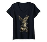 Women's Saint Michael the Archangel Defeating Satan Christian V-Neck T-Shirt