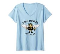 Women's Saint Michael the Archangel Defend Us Pixel Catholic St V-Neck T-Shirt