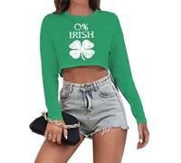 Women's Saint Patrick's Day Shirt St. Patrick's Day Crop Top Irish Shirt Shamrock Graphic Long Sleeve Crop Top, La-green-5, M