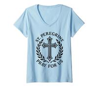 Women's Saint Peregrine Pray for Us Catholic Cross Religious V-Neck T-Shirt