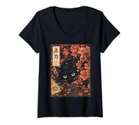 Women's Sakura Cherry Blossom Japanese Cat Ukiyo-e Vintage V-Neck T-Shirt