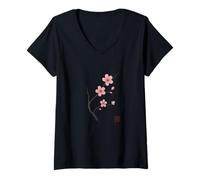 Womens Sakura Cherry Blossom Tree Branch Minimalist Japanese Sumi E V-Neck T-Shirt
