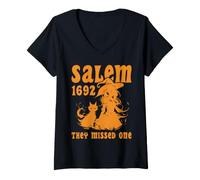 Women's Salem 1692 They Missed One Witch and Cat Halloween V-Neck T-Shirt