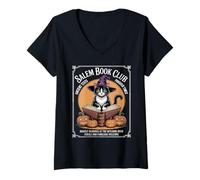 Womens Salem Witch Book Club Bookish Halloween Black Cat Women V-Neck T-Shirt