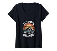 Womens Saltwater and Shell Vibes Sea Retro Surf Ocean Wave Turtle V-Neck T-Shirt