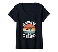 Womens Saltwater and Shell Vibes Sea Retro Surf Ocean Wave Turtle V-Neck T-Shirt