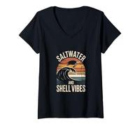 Womens Saltwater and Shell Vibes Sea Retro Surf Ocean Wave Turtle V-Neck T-Shirt