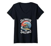 Womens Saltwater and Shell Vibes Surf Turtle V-Neck T-Shirt
