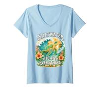 Women's Saltwater Heals Everything Turtle Ocean Therapy V-Neck T-Shirt