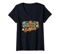 Women's Saltwater Seashells Sunshine Tee Beach Summer Retro Vintage V-Neck T-Shirt