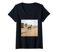 Women's Saluki Desert Ruins Sand Dunes Scenic View V-Neck T-Shirt