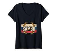 Womens Sambo Name Wrestling Sambo Flag with Russia Flag Colors V-Neck T-Shirt