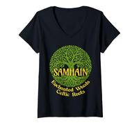 Women's Samhain Enchanted Woods Celtic Roots Gaelic Halloween Witch V-Neck T-Shirt