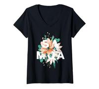 Women's Samoa Floral Typography Samoan Pride Polynesia V-Neck T-Shirt