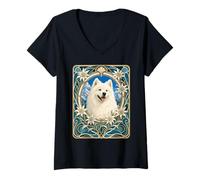 Women's Samoyed Dog Art Nouveau Edelweiss Alpine V-Neck T-Shirt