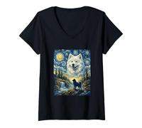 Women's Samoyed Dog Moon Howling Starry Night Van Gogh Art Style V-Neck T-Shirt