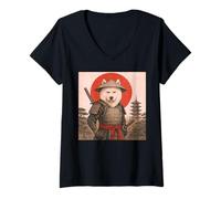 Womens Samoyed Samurai Warrior Vintage Japanese Ukiyo-e Dog Lover V-Neck T-Shirt