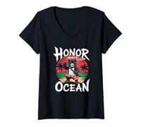 Womens Samurai Bear Beach Sunset with Katana V-Neck T-Shirt