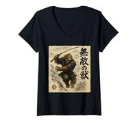 Womens Samurai Bigfoot Invincible Beast Japanese Warrior Sasquatch V-Neck T-Shirt