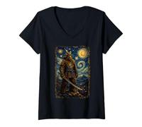 Women's Samurai Bigfoot Van Gogh Sasquatch Starry Night Art V-Neck T-Shirt