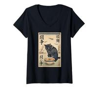 Women's Samurai Black Cat Eating Ramen War Scene Edo Art Men Women V-Neck T-Shirt