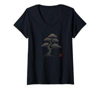 Womens Samurai Bonsai Pine Tree - Minimalist Japanese Sumi E Art V-Neck T-Shirt