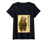 Womens Samurai Capybara Japan Vintage Art V-Neck T-Shirt