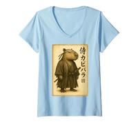 Womens Samurai Capybara Japan Vintage Art V-Neck T-Shirt