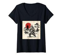 Women's Samurai Capybara Under Red Sun Japan Temple V-Neck T-Shirt