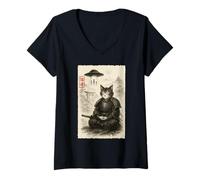 Womens Samurai Cat Alien UFO Funny Invasion Meme Sumi-e Japanese V-Neck T-Shirt