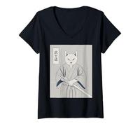 Womens Samurai Cat Courage Kanji Japanese Warrior Katana Art V-Neck T-Shirt