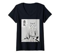 Womens Samurai Cat Courage Kanji Japanese Warrior Katana Art V-Neck T-Shirt