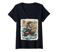 Womens Samurai Cat Dual Katana Japanese Art Feline Warrior Ronin V-Neck T-Shirt