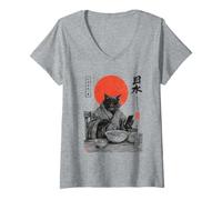 Womens Samurai Cat Eat Ramen Scroll Phone Japanese Food Humor Art V-Neck T-Shirt