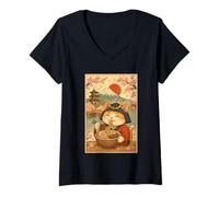 Womens Samurai Cat Eating Ramen Japan Mount Fuji Cherry Blossoms V-Neck T-Shirt