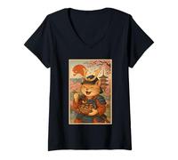 Womens Samurai Cat Eating Ramen Japan Mount Fuji Cherry Blossoms V-Neck T-Shirt