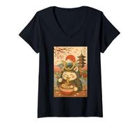Womens Samurai Cat Eating Ramen Japan Mount Fuji Cherry Blossoms V-Neck T-Shirt