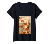 Womens Samurai Cat Eating Ramen Japan Mount Fuji Cherry Blossoms V-Neck T-Shirt