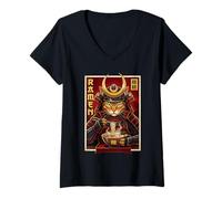 Women's Samurai Cat Eating Ramen Japanese Retro Warrior Japan V-Neck T-Shirt