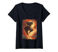 Womens Samurai Cat - Fiery Ninja Jump V-Neck T-Shirt