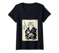 Womens Samurai Cat Funny Vintage Ukiyo-e Art Warrior Japanese Japan V-Neck T-Shirt