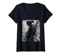 Womens Samurai Cat Graphic Warrior Vintage Japanese Art Anime V-Neck T-Shirt