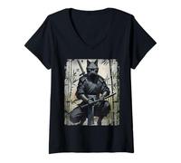 Womens Samurai Cat Graphic Warrior Vintage Japanese Art Anime V-Neck T-Shirt