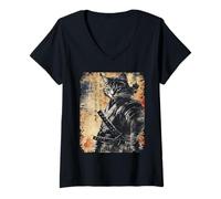 Womens Samurai Cat Graphic Warrior Vintage Japanese Art Anime V-Neck T-Shirt