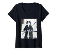 Womens Samurai Cat Japanese Ink Art Funny Warrior Swordsman Gift V-Neck T-Shirt