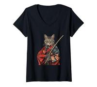 Womens Samurai Cat Japanese Ninja Cat Japanese Warrior Japanese Art V-Neck T-Shirt