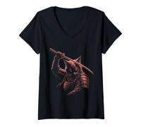Women's Samurai Cat Katana Red Warrior Japanese Armor V-Neck T-Shirt