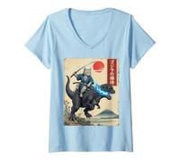 Women's Samurai Cat on Blue Kaiju Japanese Anime Ukiyo-e Art Youth V-Neck T-Shirt