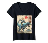 Women's Samurai Cat on Blue Kaiju Japanese Anime Ukiyo-e Art Youth V-Neck T-Shirt