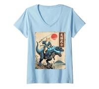 Women's Samurai Cat on Blue Kaiju Japanese Anime Ukiyo-e Art Youth V-Neck T-Shirt